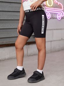 SHEIN 小女童標語織帶腰騎行褲