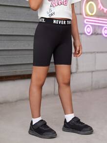 SHEIN 小女童標語織帶腰騎行褲