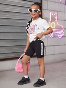 SHEIN 小女童標語織帶腰騎行褲