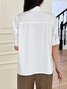DAZY 1pc Women Plain Single-Breasted Loose Casual Short Sleeve Blouse, Business Casual - White - View 2