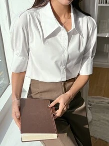 DAZY 1pc Women Plain Single-Breasted Loose Casual Short Sleeve Blouse, Business Casual - White - View 5