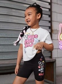 SHEIN Bộ thời trang bé gái Slogan Hoạt hình Giải trí - Đen và trắng - Xem 5