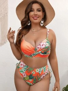 SHEIN Swim Curve 大碼熱帶印花包覆式上推高腰比基尼套裝，適用於夏日海灘 - 橘色 - 查看 3