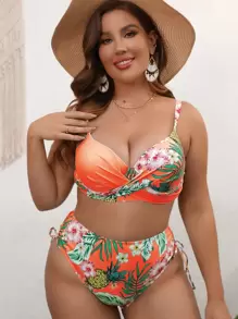 SHEIN Swim Curve 大碼熱帶印花包覆式上推高腰比基尼套裝，適用於夏日海灘 - 橘色 - 查看 5
