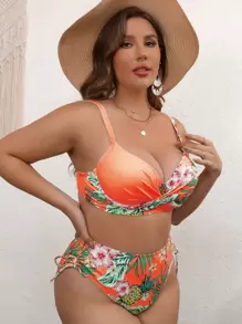 SHEIN Swim Curve 大碼熱帶印花包覆式上推高腰比基尼套裝，適用於夏日海灘 - 橘色 - 查看 6