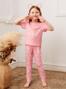 Chicas Conjunto de pijama con estampado de dibujos animados - Rosa - Ver 1