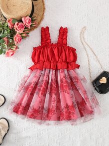 Toddler Girls Floral Print Ruffle Trim Contrast Mesh Cami Dress - Red - View 1