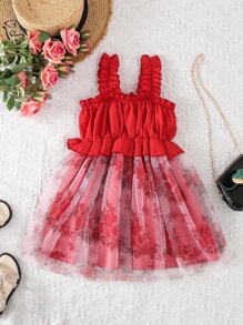 Toddler Girls Floral Print Ruffle Trim Contrast Mesh Cami Dress - Red - View 2