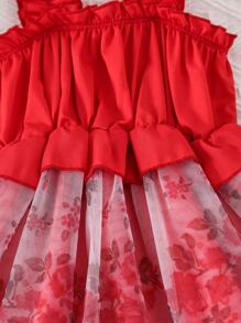 Toddler Girls Floral Print Ruffle Trim Contrast Mesh Cami Dress - Red - View 4