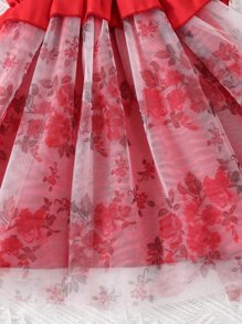 Toddler Girls Floral Print Ruffle Trim Contrast Mesh Cami Dress - Red - View 5