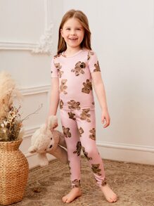 Chicas Conjunto de pijama con estampado de oso de dibujos animados tejido de canalé ajustado - Rosa - Ver 1