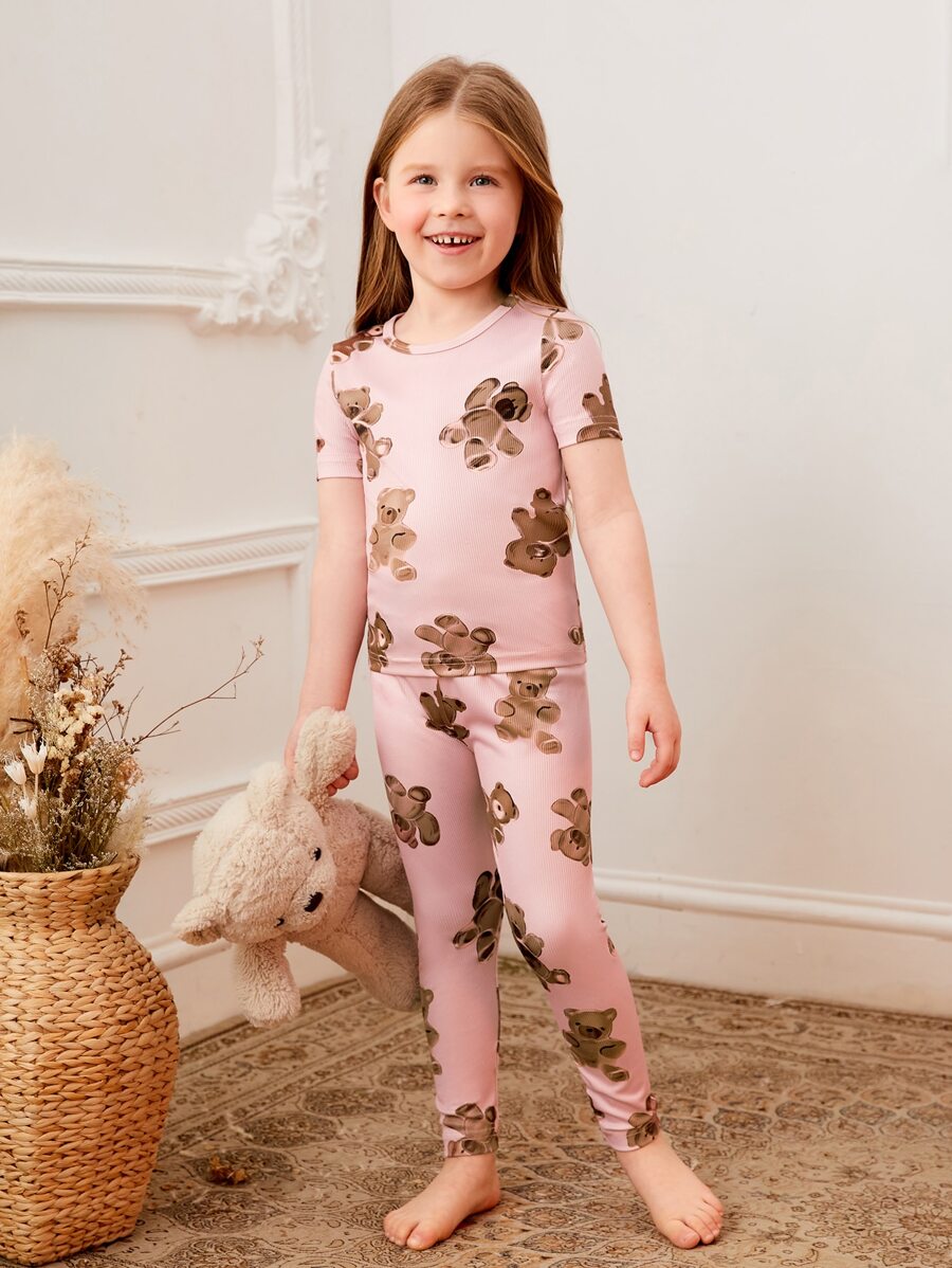 Chicas Conjunto de pijama con estampado de oso de dibujos animados tejido de canalé ajustado - Rosa - Ver 1