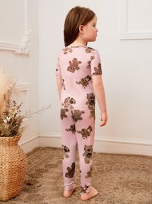 Chicas Conjunto de pijama con estampado de oso de dibujos animados tejido de canalé ajustado - Rosa - Ver 2