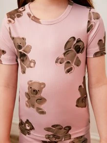 Chicas Conjunto de pijama con estampado de oso de dibujos animados tejido de canalé ajustado - Rosa - Ver 3