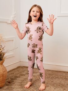 Chicas Conjunto de pijama con estampado de oso de dibujos animados tejido de canalé ajustado - Rosa - Ver 4
