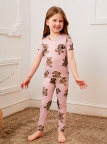 Chicas Conjunto de pijama con estampado de oso de dibujos animados tejido de canalé ajustado - Rosa - Ver 5