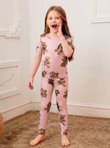 Chicas Conjunto de pijama con estampado de oso de dibujos animados tejido de canalé ajustado - Rosa - Ver 6