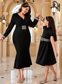 Mulvari 大碼水鑽細節交疊領連衣裙 - 黑色 - 查看 5