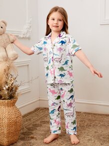 Toddler Girls Cartoon Dinosaur Graphic Contrast Piping PJ Set - White - View 1