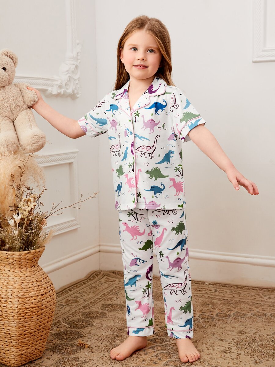 Toddler Girls Cartoon Dinosaur Graphic Contrast Piping PJ Set - White - View 1