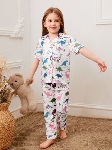 Toddler Girls Cartoon Dinosaur Graphic Contrast Piping PJ Set - White - View 3