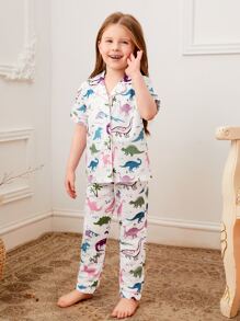 Toddler Girls Cartoon Dinosaur Graphic Contrast Piping PJ Set - White - View 4