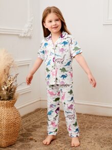Toddler Girls Cartoon Dinosaur Graphic Contrast Piping PJ Set - White - View 5
