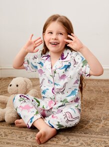 Toddler Girls Cartoon Dinosaur Graphic Contrast Piping PJ Set - White - View 6