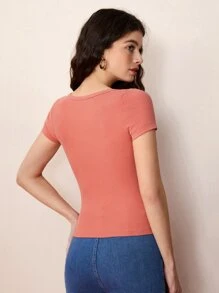 SHEIN BASICS V Neck Solid Ribbed Tee - Coral Pink - View 2