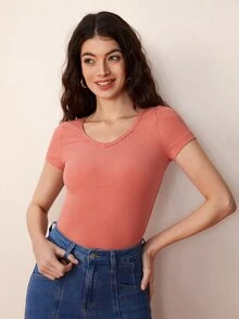 SHEIN BASICS V Neck Solid Ribbed Tee - Coral Pink - View 5