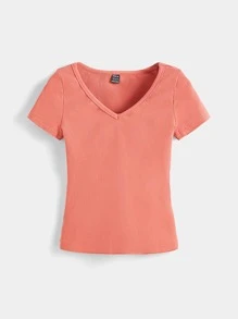 SHEIN BASICS V Neck Solid Ribbed Tee - Coral Pink - View 6
