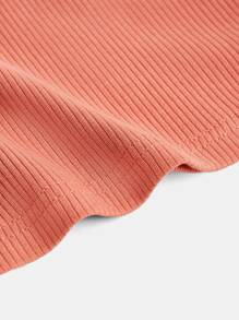 SHEIN BASICS V Neck Solid Ribbed Tee - Coral Pink - View 7