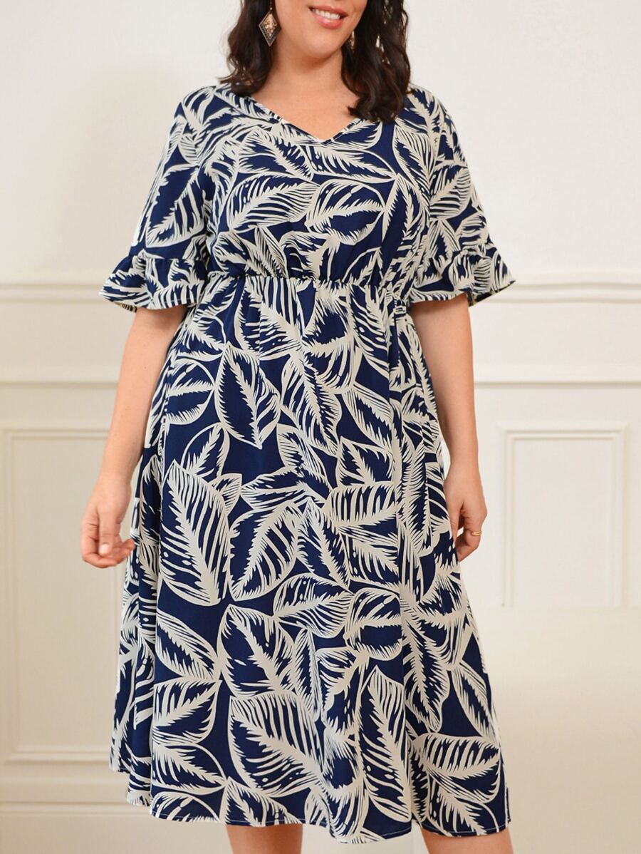 EMERY ROSE Vestido con estampado de hoja de manga con volante - Multicolor - Ver 1