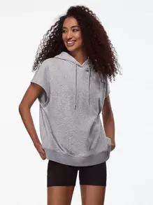 SHEIN BASICS Terry Fleece Batwing Sleeve Drawstring Hooded Sweatshirt - Light Grey - View 1