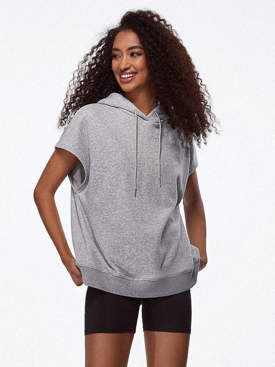 SHEIN BASICS Terry Fleece Batwing Sleeve Drawstring Hooded Sweatshirt - Light Grey - View 1