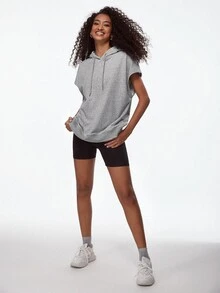 SHEIN BASICS Terry Fleece Batwing Sleeve Drawstring Hooded Sweatshirt - Light Grey - View 4