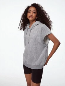 SHEIN BASICS Terry Fleece Batwing Sleeve Drawstring Hooded Sweatshirt - Light Grey - View 6