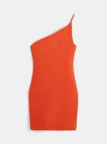 SHEIN BASICS Vestido De Punto Acanalado De Estilo Bodycon Con Un Solo Hombro - Naranja - Ver 8