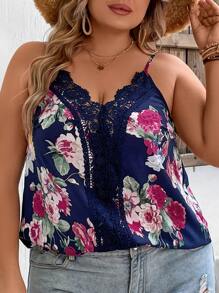 SHEIN Clasi Plus Floral Print Contrast Lace Cami Top - Navy Blue - View 2