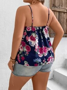 SHEIN Clasi Plus Floral Print Contrast Lace Cami Top - Navy Blue - View 3