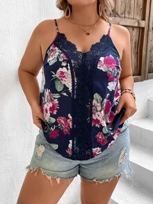 SHEIN Clasi Plus Floral Print Contrast Lace Cami Top - Navy Blue - View 5