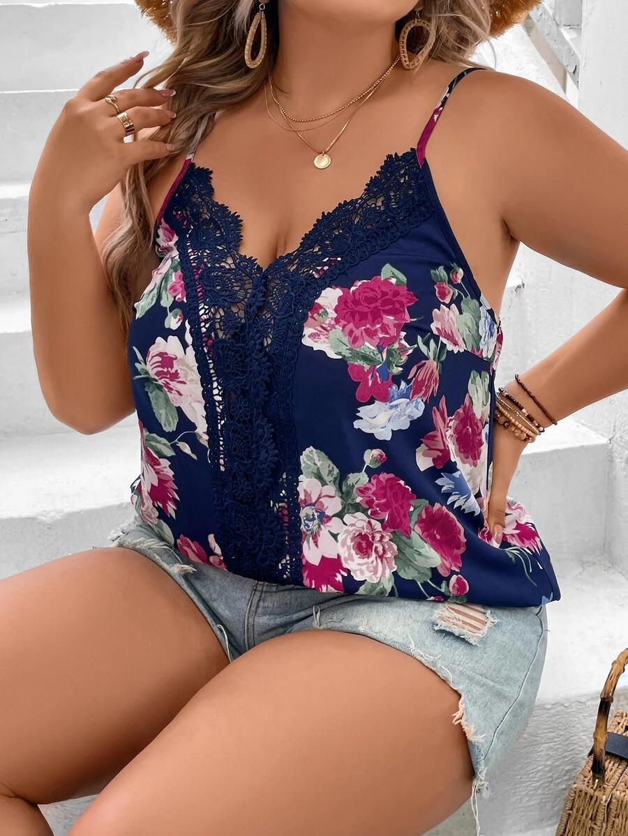 SHEIN Clasi Plus Floral Print Contrast Lace Cami Top - Navy Blue - View 1