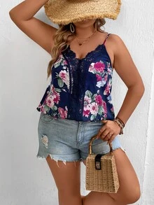 SHEIN Clasi Plus Floral Print Contrast Lace Cami Top - Navy Blue - View 7