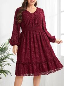 EMERY ROSE Plus Lantern Sleeve Ruffle Hem Fuzzy Chiffon Dress - Burgundy - View 1