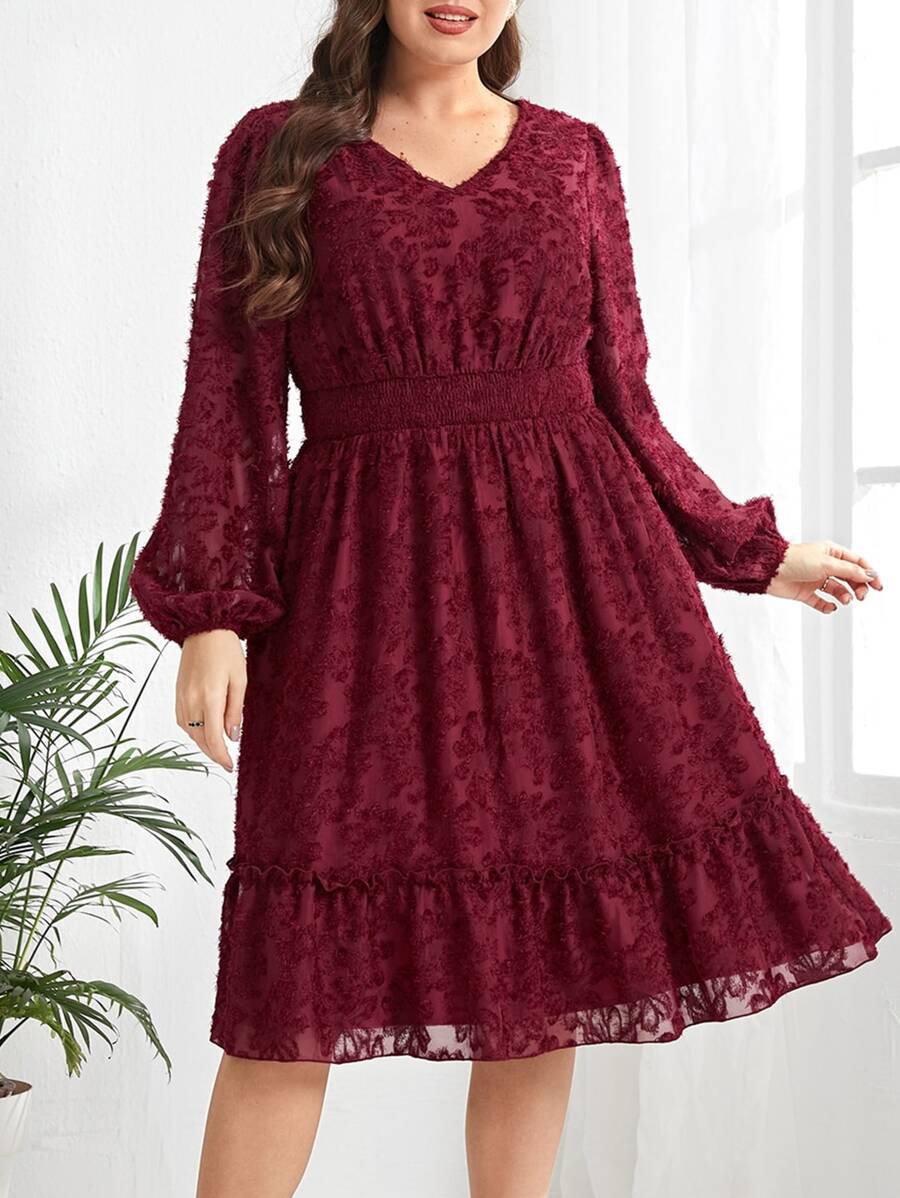 EMERY ROSE Plus Lantern Sleeve Ruffle Hem Fuzzy Chiffon Dress - Burgundy - View 1
