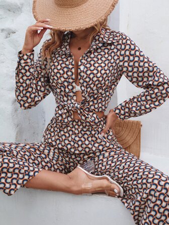 SHEIN Privé 滿版印花前紐扣襯衫和闊腿褲