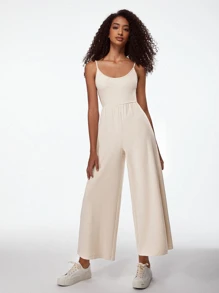 SHEIN BASICS Chất rắn Hai Dây Áo liền quần ống rộng - Màu be - Xem 3