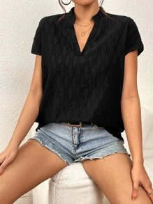 SHEIN Privé Solid Notched Neck Batwing Sleeve Blouse - Black - View 2