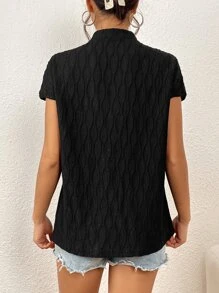 SHEIN Privé Solid Notched Neck Batwing Sleeve Blouse - Black - View 3