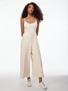 SHEIN BASICS Chất rắn Hai Dây Áo liền quần ống rộng - Màu be - Xem 8